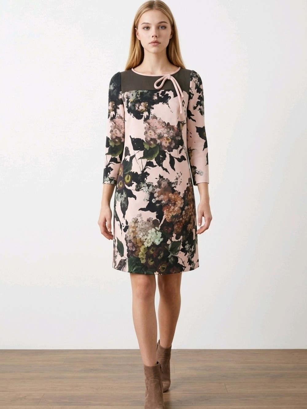 Antonio Marras Floral Tie-Neck Shift Dress in Blush Pink